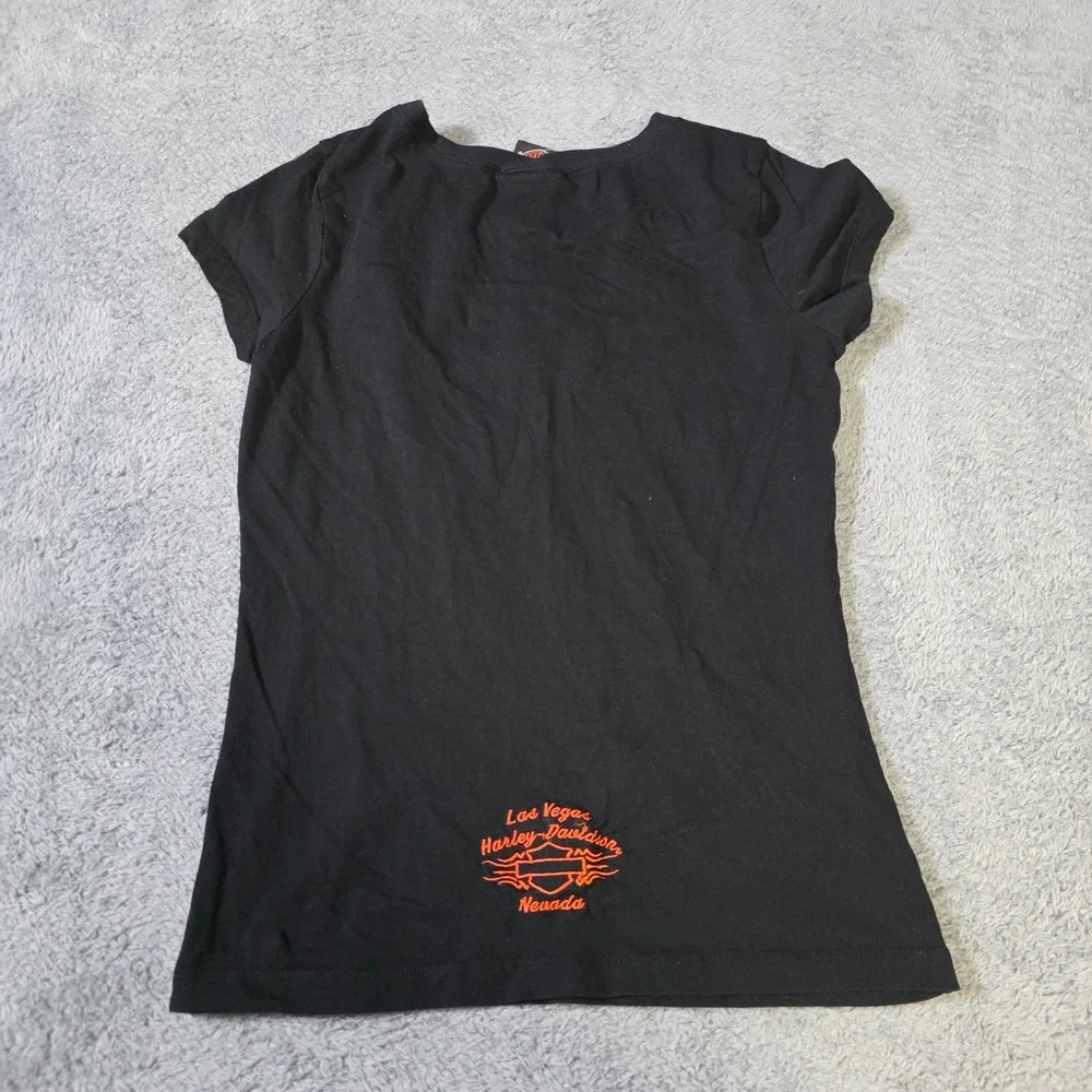 Harley-Davidson Womens Large T-Shirt Black Embroidered Flaming Heart Las Vegas - Picture 4 of 5